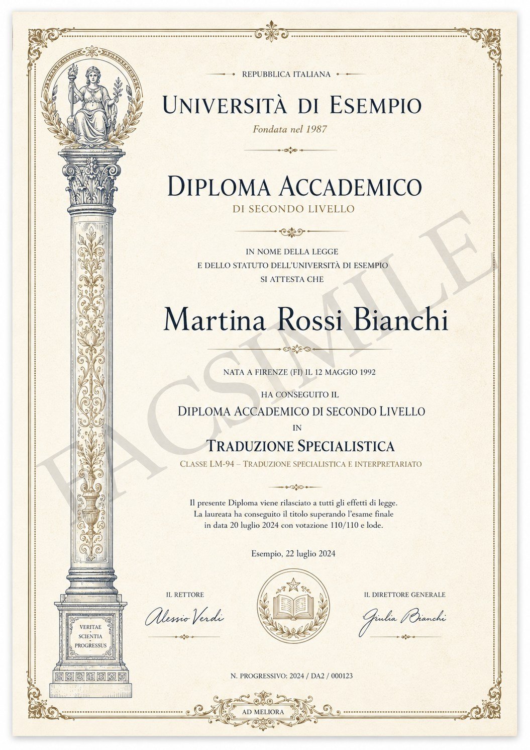Ejemplo (facsímil) de un diploma di laurea italiano